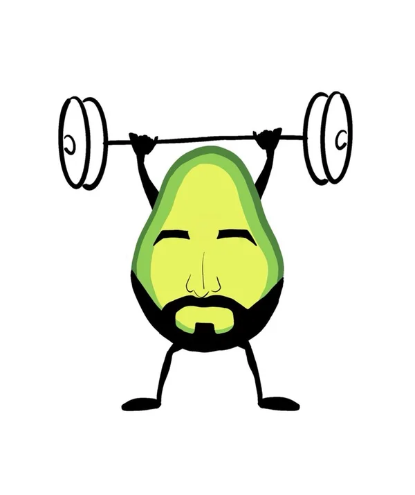 Ilustración de un aguacate con barba levantando una pesa
